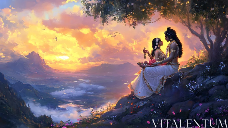 Hindu Mythological Figures at Mountain Overlook during Sunset