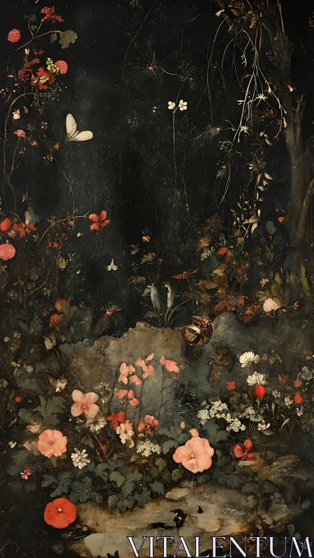 Delicate wildflowers quietly glow against the deep night forest