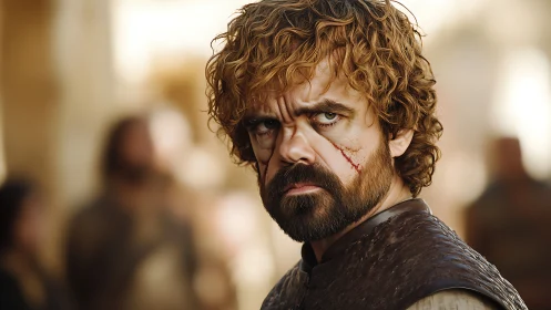 Cinematic close-up of scarred warrior in shallow depth of field.