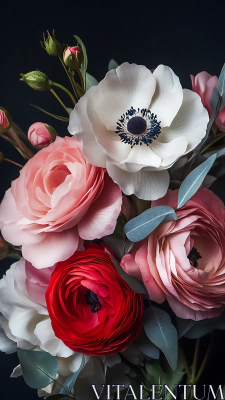 White Anemone and Pink Ranunculus Floral Arrangement.