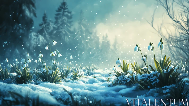 Gentle snowdrops glowing softly in a quiet winter forest.