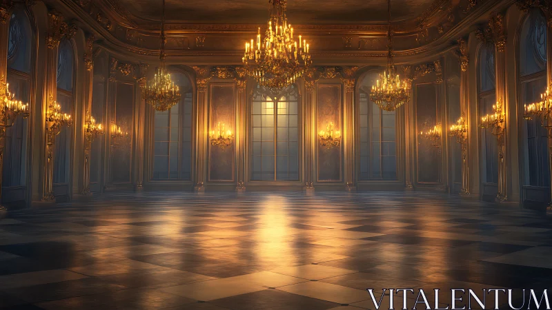 Grand chandelier ballroom glows in warm golden light.