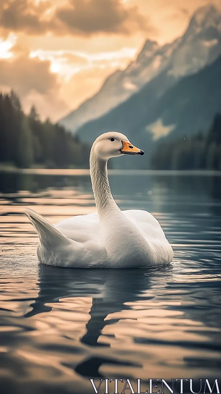 Graceful lake duck drifting under soft mountain sunset.