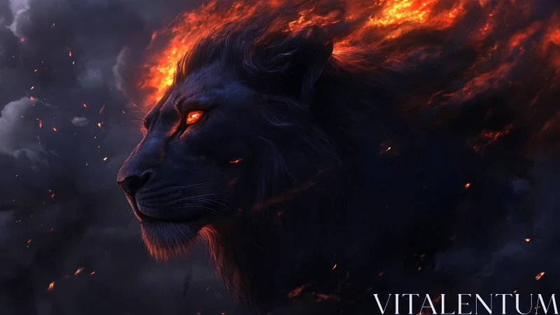Lion profile is rendered with fiery mane and glowing eyes