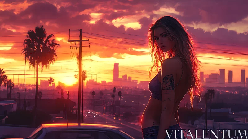 Tattooed woman stands over city street at vivid sunset