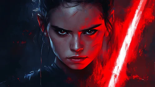 Fierce young warrior framed in electric crimson light.