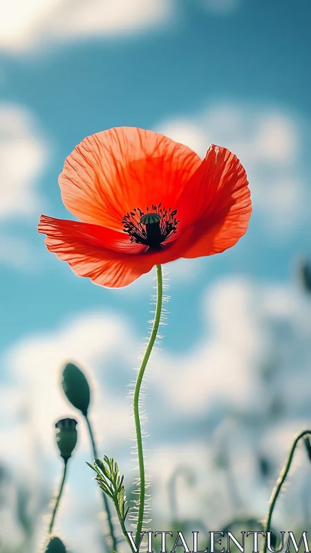 Red poppy flower with black center against blue sky