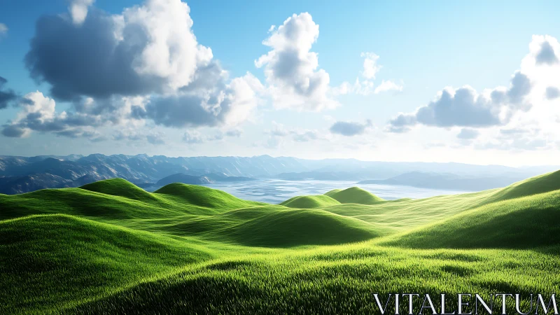 Sunlit rolling green hills with distant alpine lake horizon.