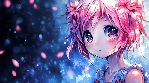 Pink haired anime girl with petals in blue abstract field.