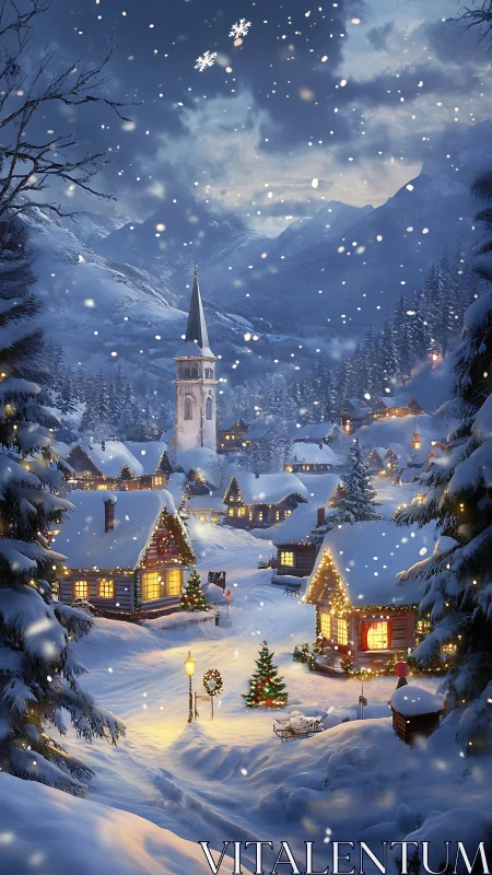 Snow-covered alpine village illuminated by festive winter lights