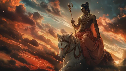 Radiant sky rider journeys calmly on a sacred white steed