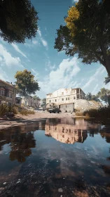 Abandoned Riverside Settlement with Reflected Architecture