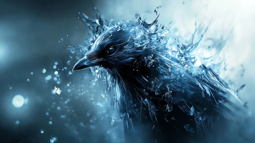 Iceborn raven emerging from splintered winter light.