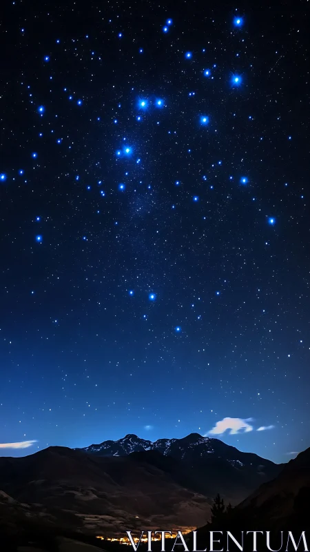Glowing constellation crowns a tranquil mountain valley night