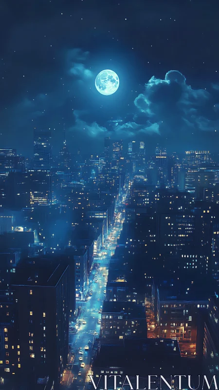 Moonlit blue city skyline above glowing night avenue.