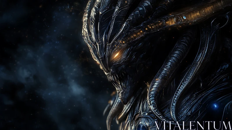 Biomechanical alien warlord rendered with high-specular 3D shaders