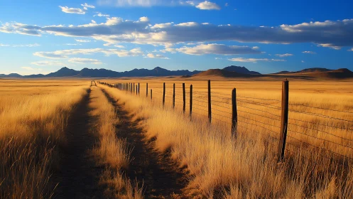 Linear fence perspective divides golden grassland under clear sky