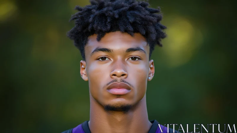 Portrait of focused young man in soft green bokeh light.