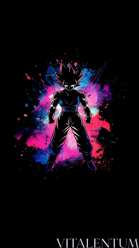 Silhouetted anime fighter over neon splatter background.