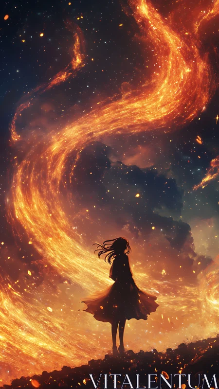 Silhouetted figure amid swirling cosmic firestream composition.