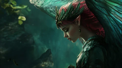 Forest winged elf queen in emerald backlight profile