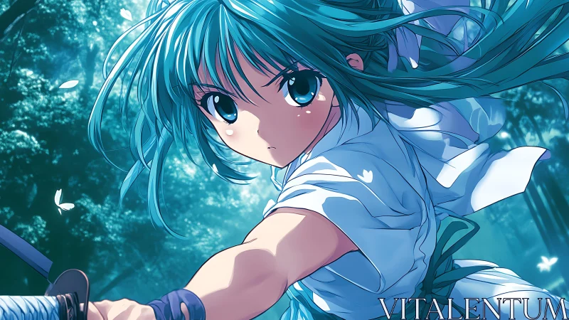 Sword-wielding anime girl prepares to strike in blue forest