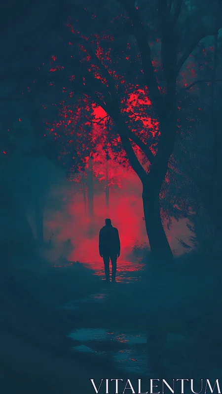 Lone silhouette walking into a crimson forest portal glow.