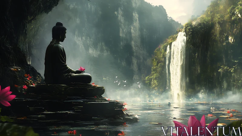 Peaceful Buddha by a misty waterfall in a hidden valley.