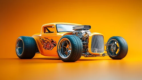 Bold orange hot rod rolls forward with gleaming chrome power