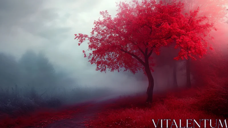 Crimson tree on foggy woodland path in high contrast palette.