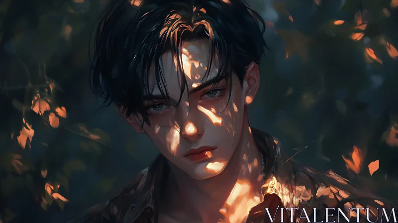 Male portrait with dappled sunlight and autumn foliage.