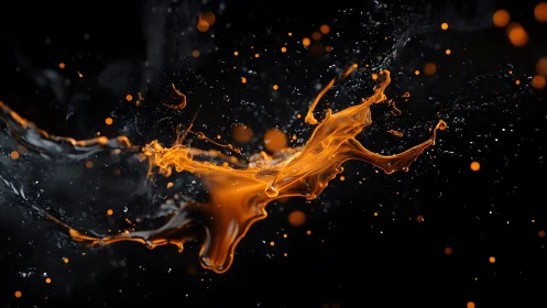Vivid orange paint splash in motion on black abstract background.