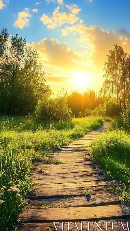 Wooden path cuts through green meadow toward bright sunset