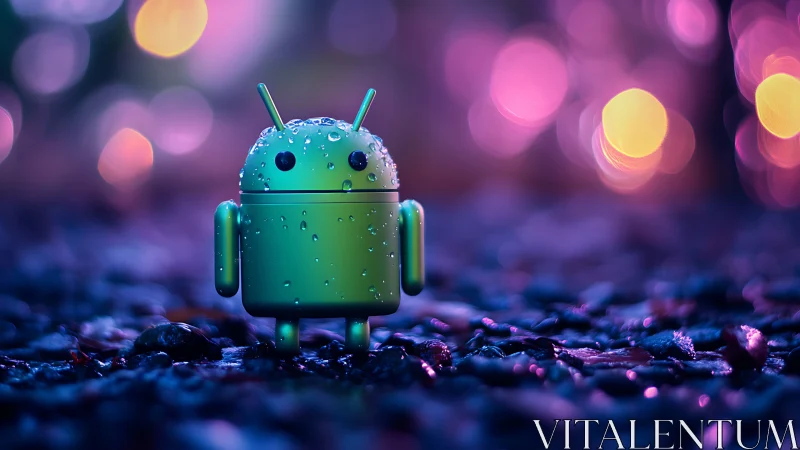 Tiny neon android strolls through dreamy bokeh rainfall