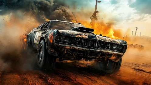 War-torn muscle car drifts through exploding desert inferno.