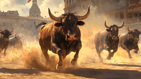 Charging bulls storm sunlit plaza in cinematic dust clouds.