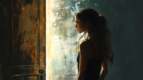 Woman standing in doorway with dramatic side lighting.