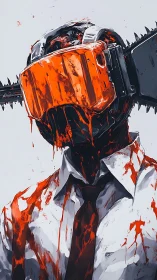 Bold chainsaw-headed figure stands in vivid crimson splatter