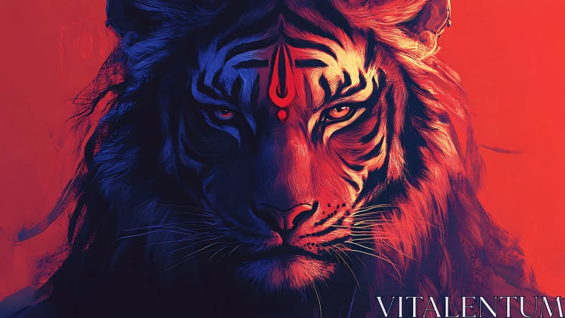 Fierce spirit tiger gazes forward in glowing red and blue light