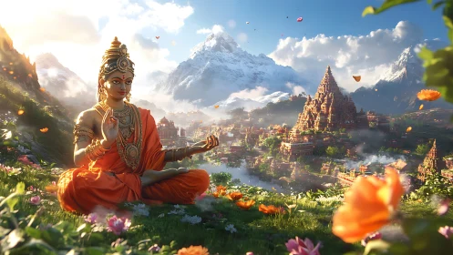 Serene goddess meditating above a sunlit Himalayan temple city.