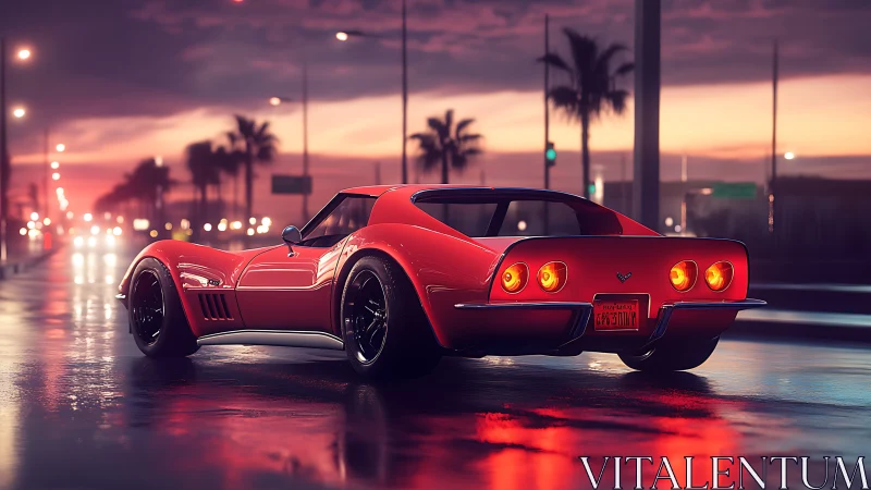 Red classic sports car glows on wet city boulevard at dusk