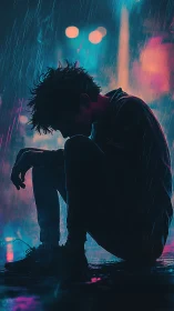 Silhouetted youth kneels in neon rain, lost in quiet sorrow