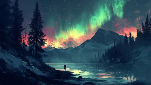 Solitary figure under aurora above glacial lake and peaks.