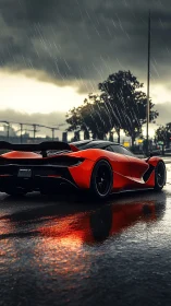Red sports car on wet asphalt under rainy overcast sky.