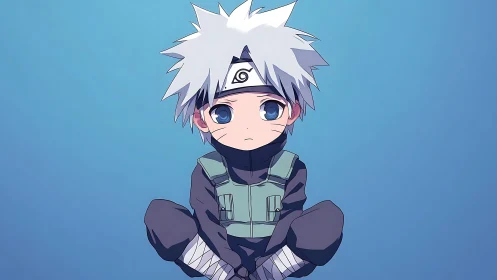 Chibi silver-haired ninja sits centered on blue background