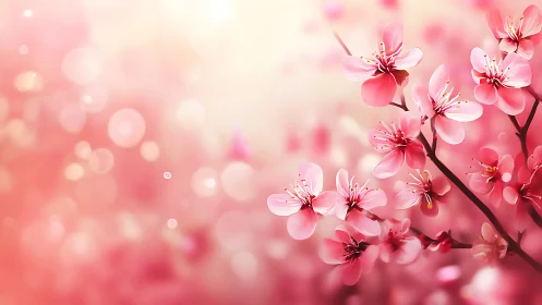 Pink cherry blossoms on soft pastel bokeh background.