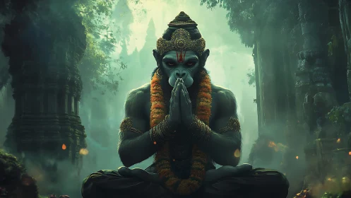 Divine simian yogi in misted jungle temple environment.