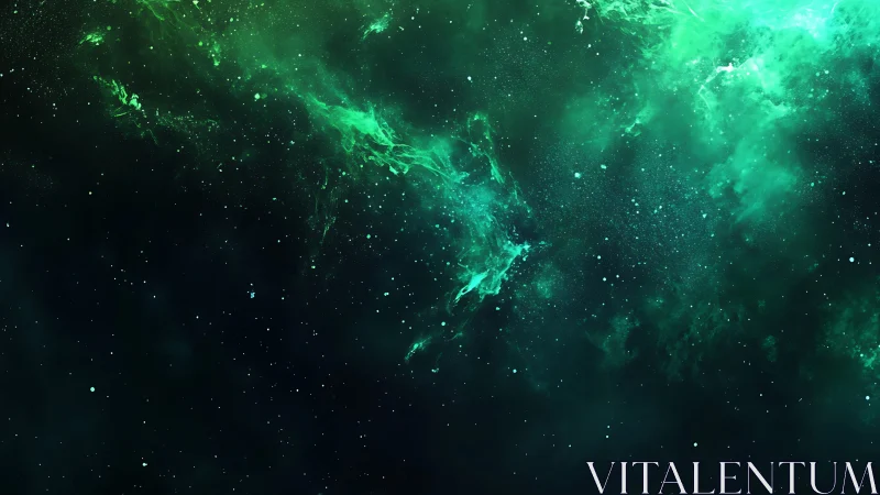 Green cosmic nebula cloud over deep black star field.