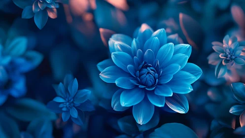Blue dahlias with layered petals photographed with selective focus and dramatic lighting