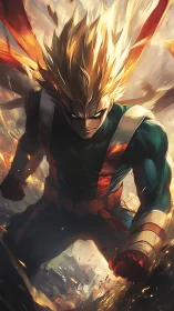 Explosive anime hero charges forward through blazing impact.